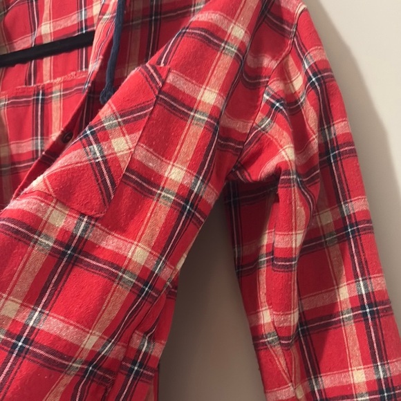 Love Tree Red Plaid removable Hood long cardigan shirt with pockets M - Picture 6 of 11